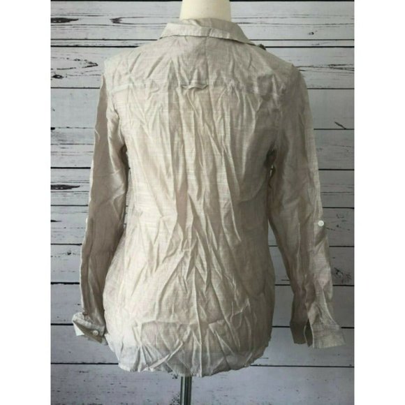 Chicos Blouse Small Sheer Shirt‎ Top Button Front Rayon Nylon Chico's Beige - Picture 4 of 6